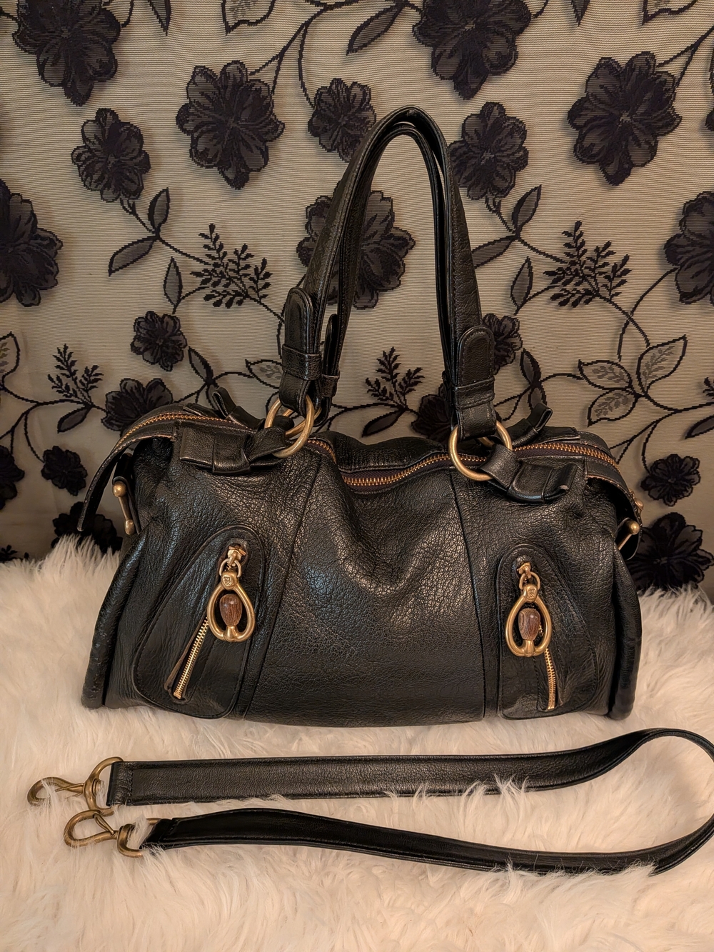 Black Leather Satchel Handbag with Gold Hardware
